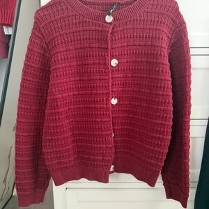 Women's Burgundy and Navy Blue Button-Front Knit Sweater